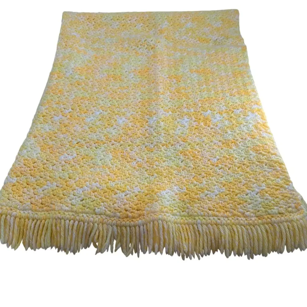 Vintage Crochet Throw Blanket Fringe Cottagecore Yellow Orange White Handmade